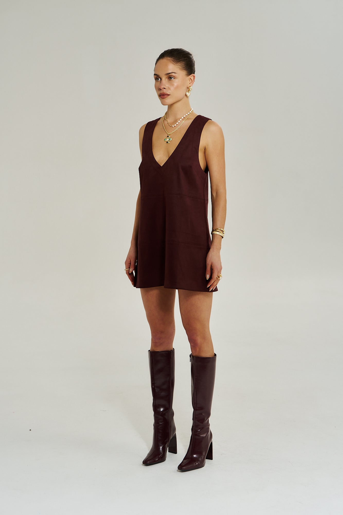 V NECK MINI DRESS - SYRAH