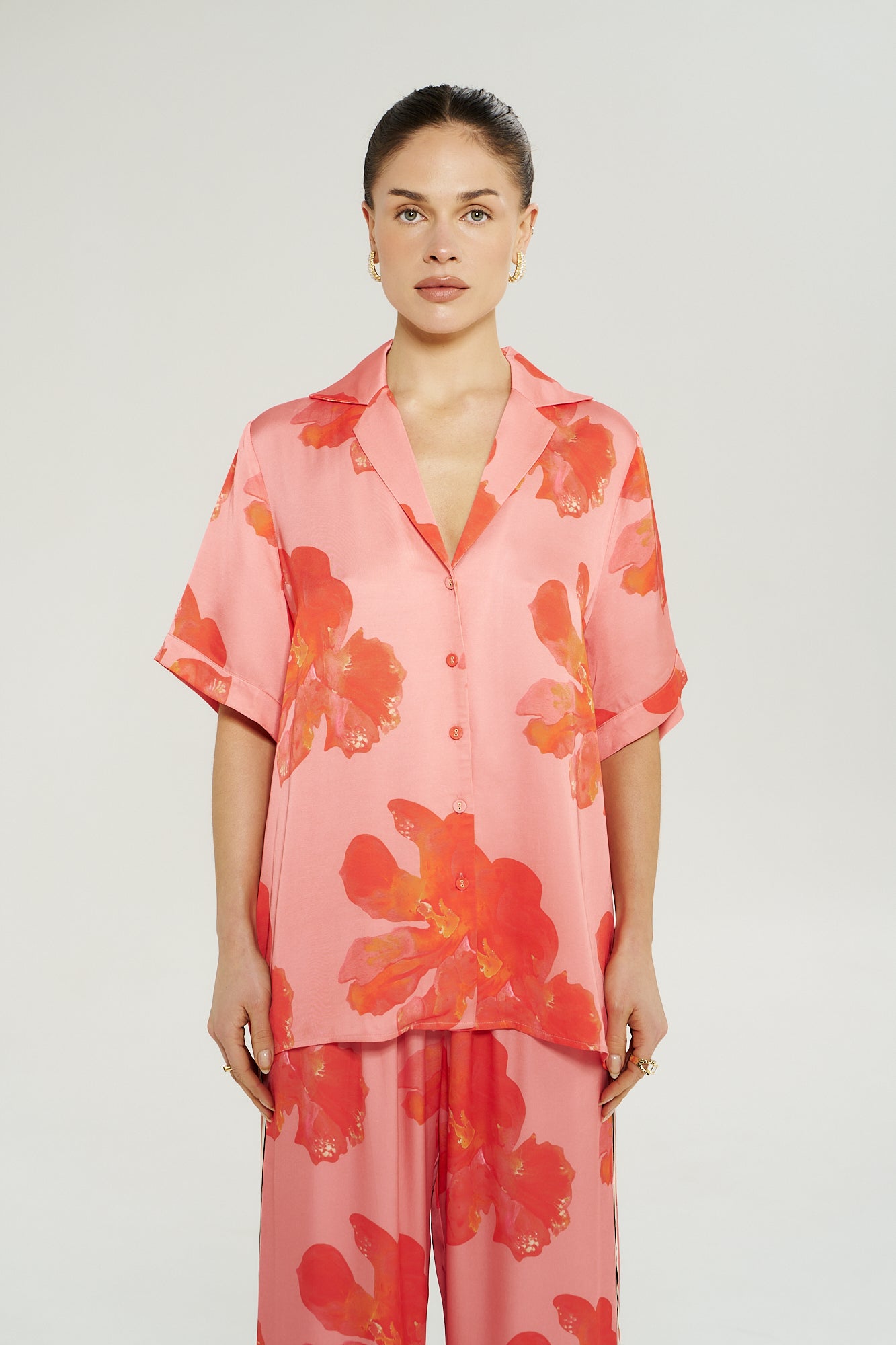 BUTTON UP SS SHIRT - PEACH PETALS