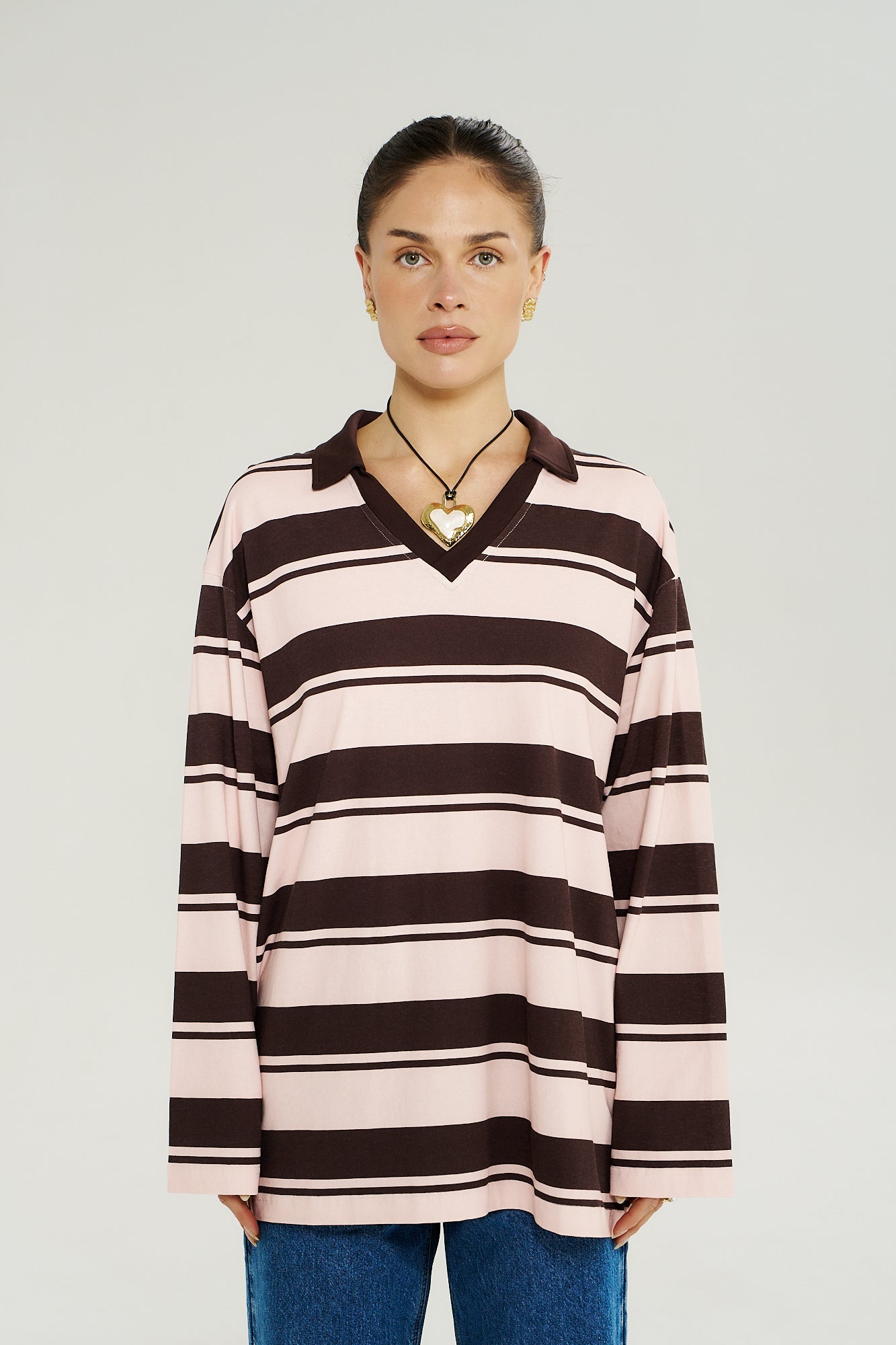 LS POLO TOP - CHOC ROSE STRIPE