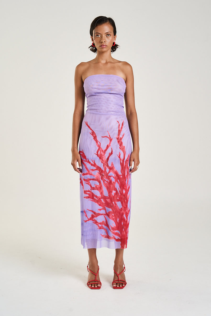 STRAPLESS MESH DRESS - CORAL