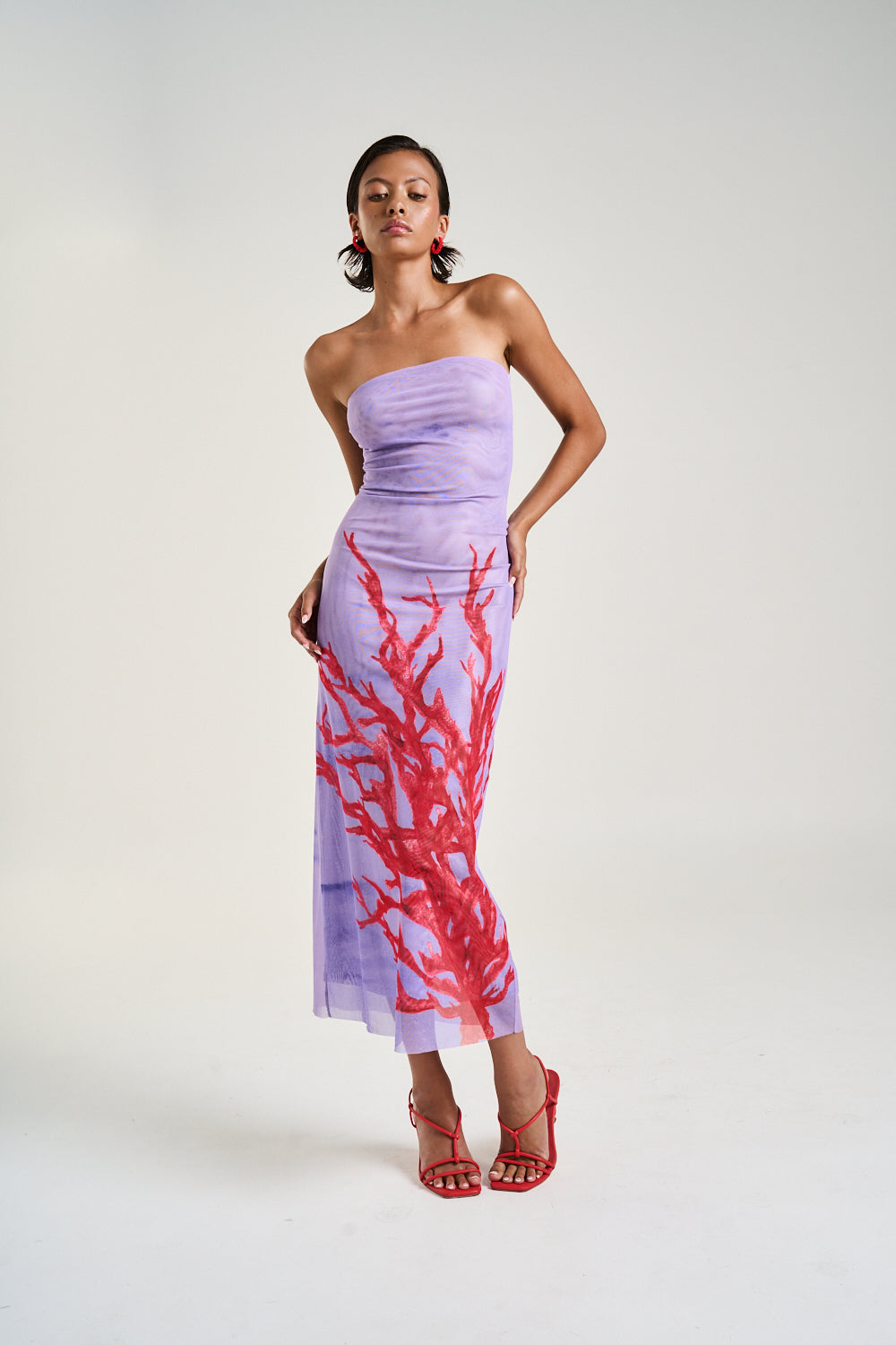 STRAPLESS MESH DRESS - CORAL