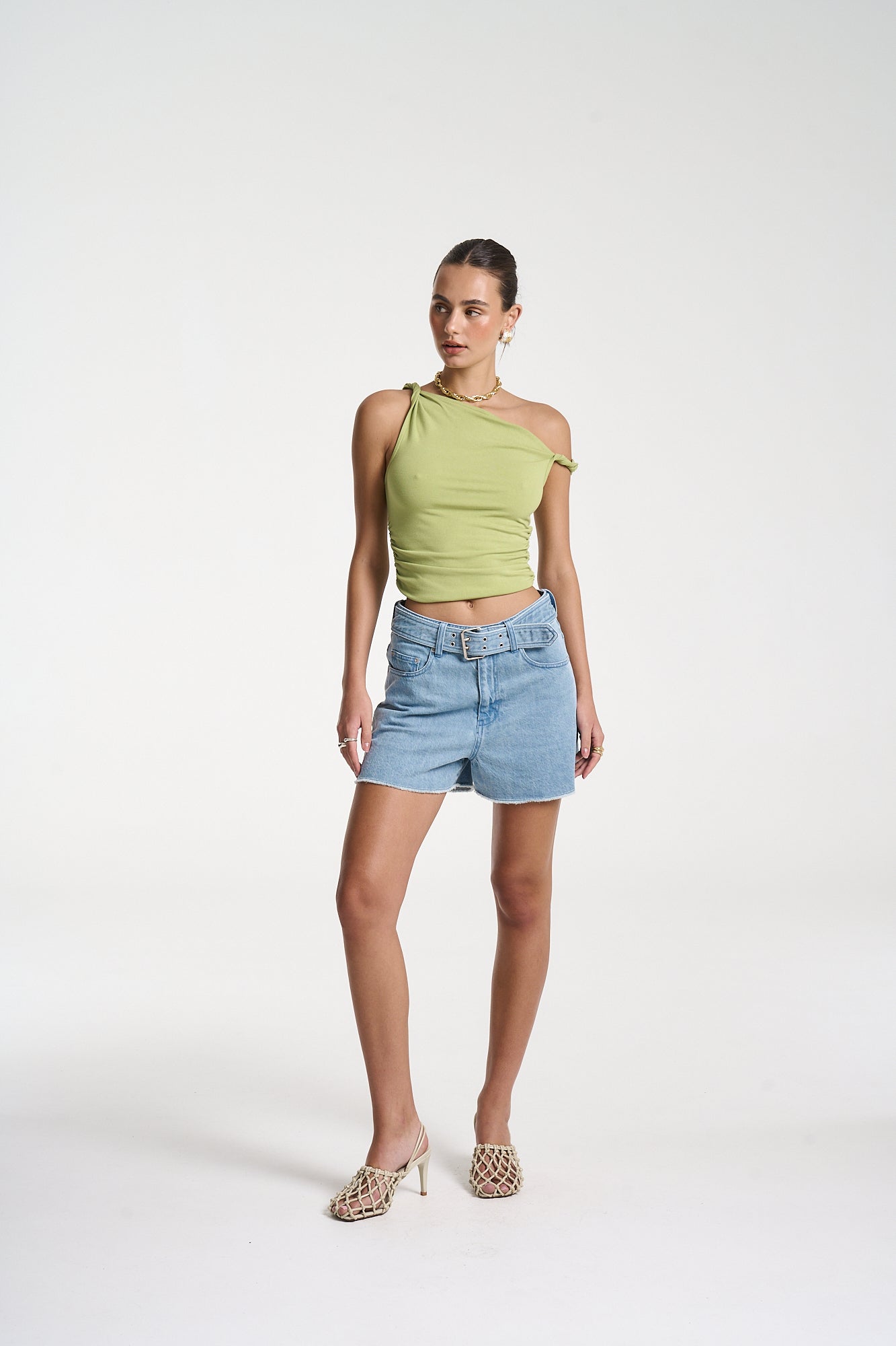 TWIST OFF SHOULDER TOP - APPLE GREEN