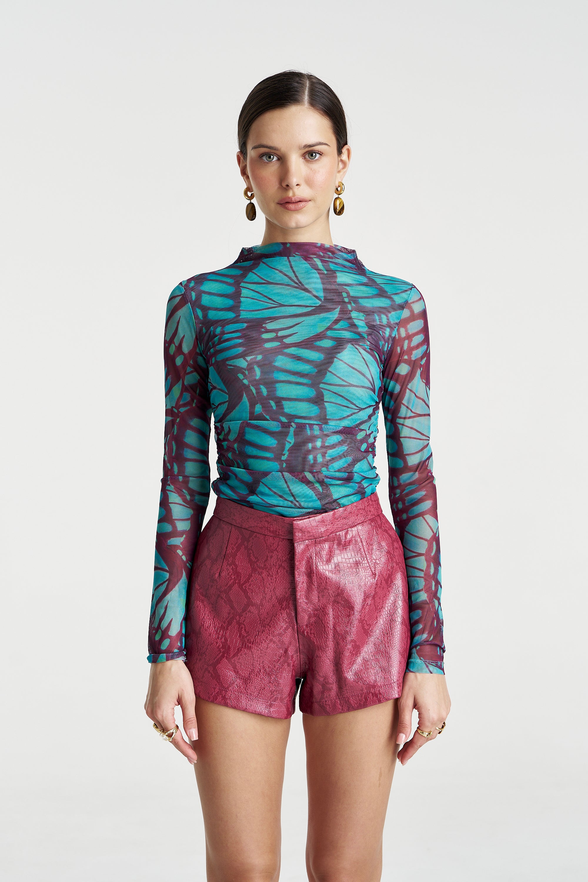 MESH LS ROUCHED SKIVVY - JADE BUTTERFLY