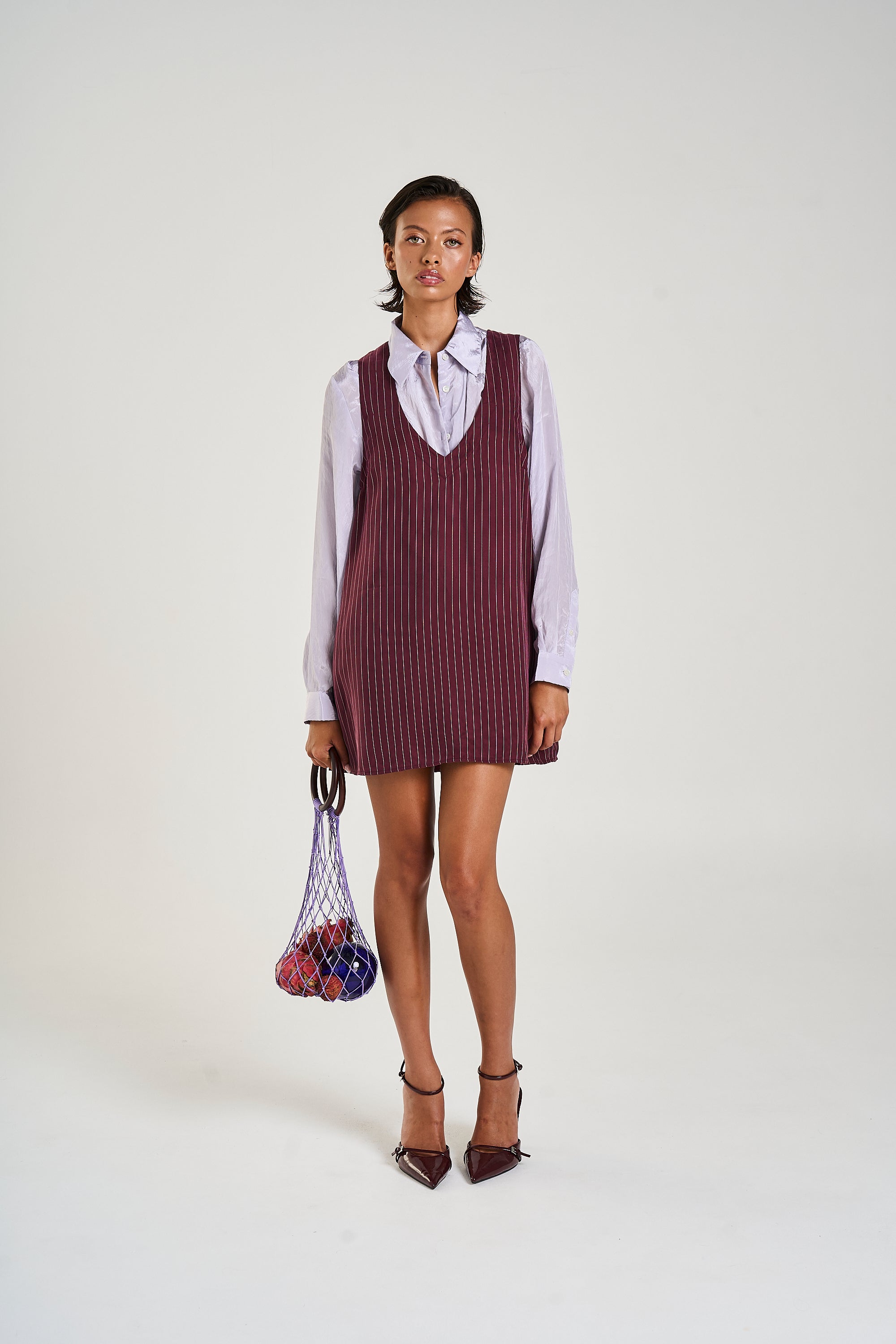 V-NECK SHIFT DRESS - KINA PINSTRIPE