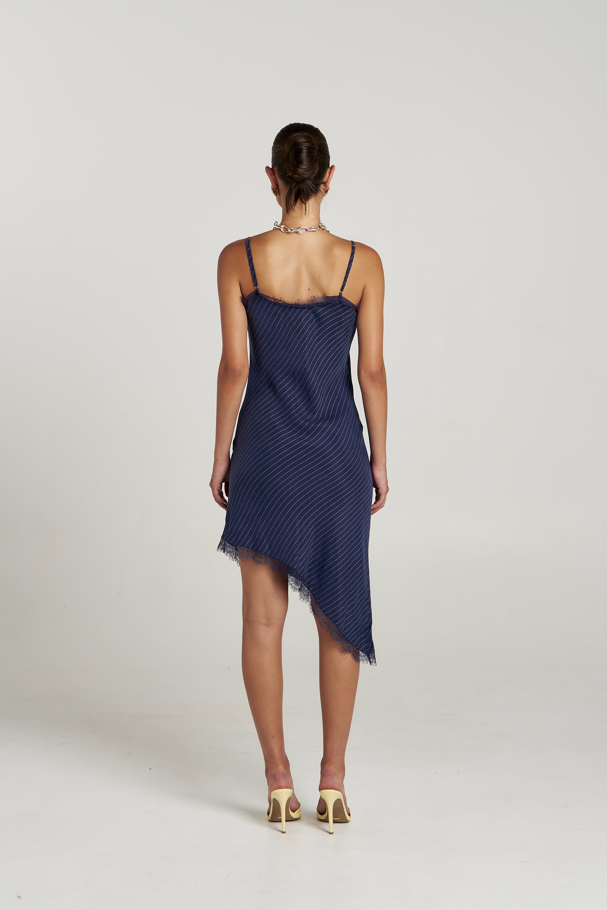 ASYM SIREN DRESS - NAVY PINSTRIPE