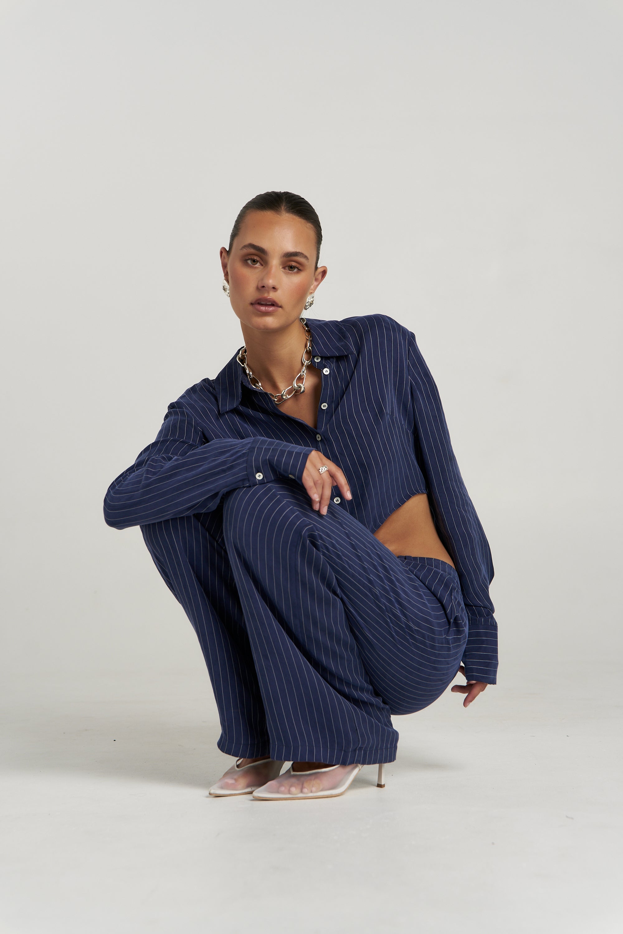GIGI LS SHIRT - NAVY PINSTRIPE
