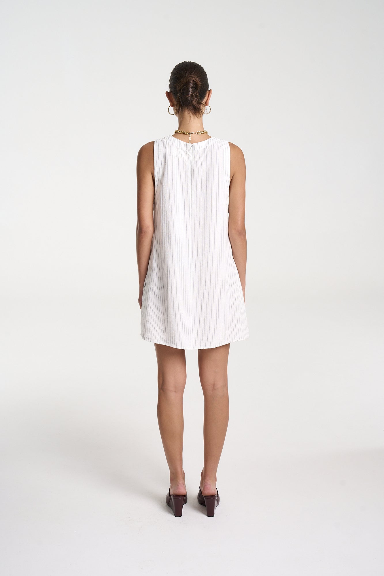 V - NECK SHIFT DRESS - PINSTRIPE