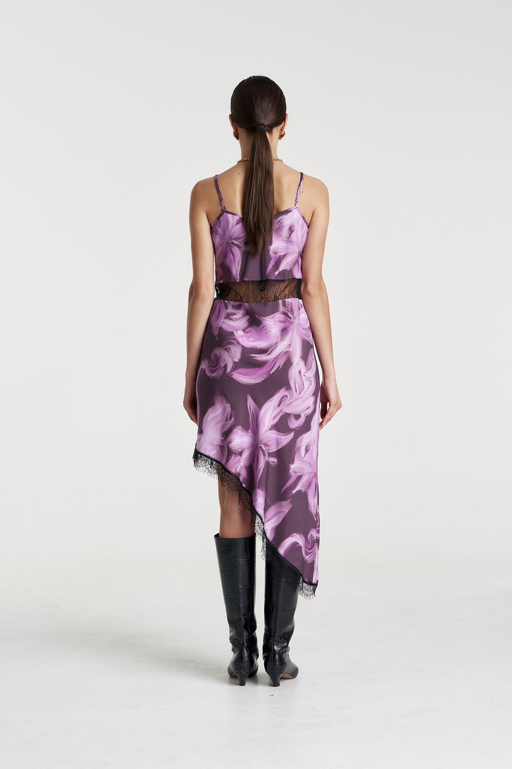 ASYM SIREN LACE MIDI DRESS - VELVET SHADOW
