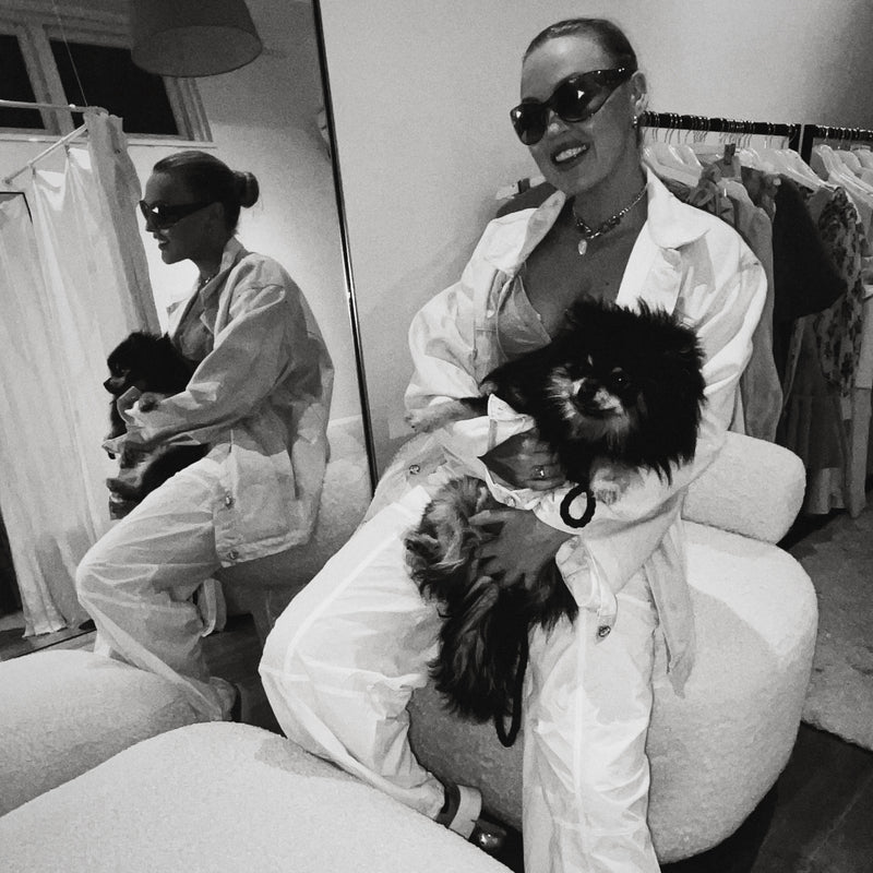 Designer Stevie Shumack with her dog, Bear.