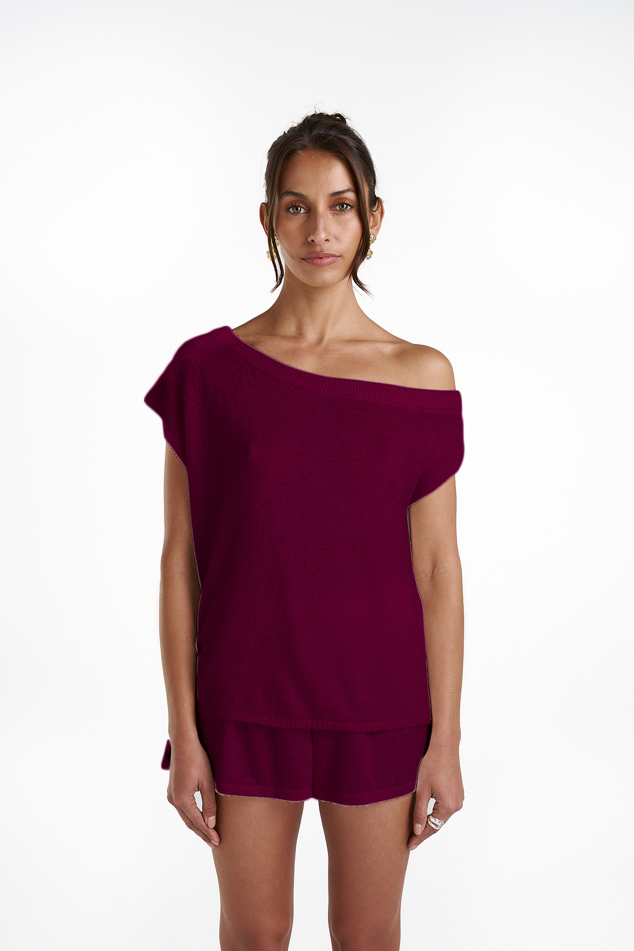 KNIT OFF SHOULDER TOP - PLUM