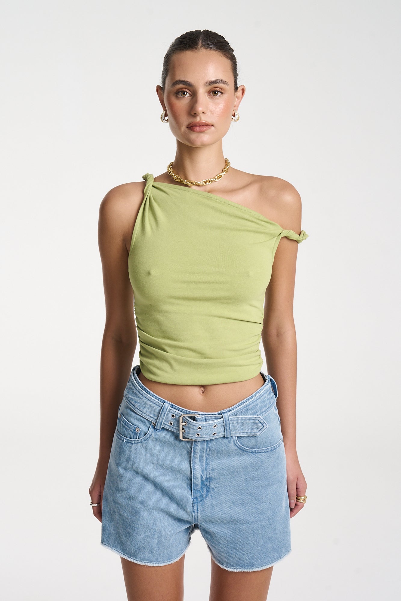 TWIST OFF SHOULDER TOP - APPLE GREEN