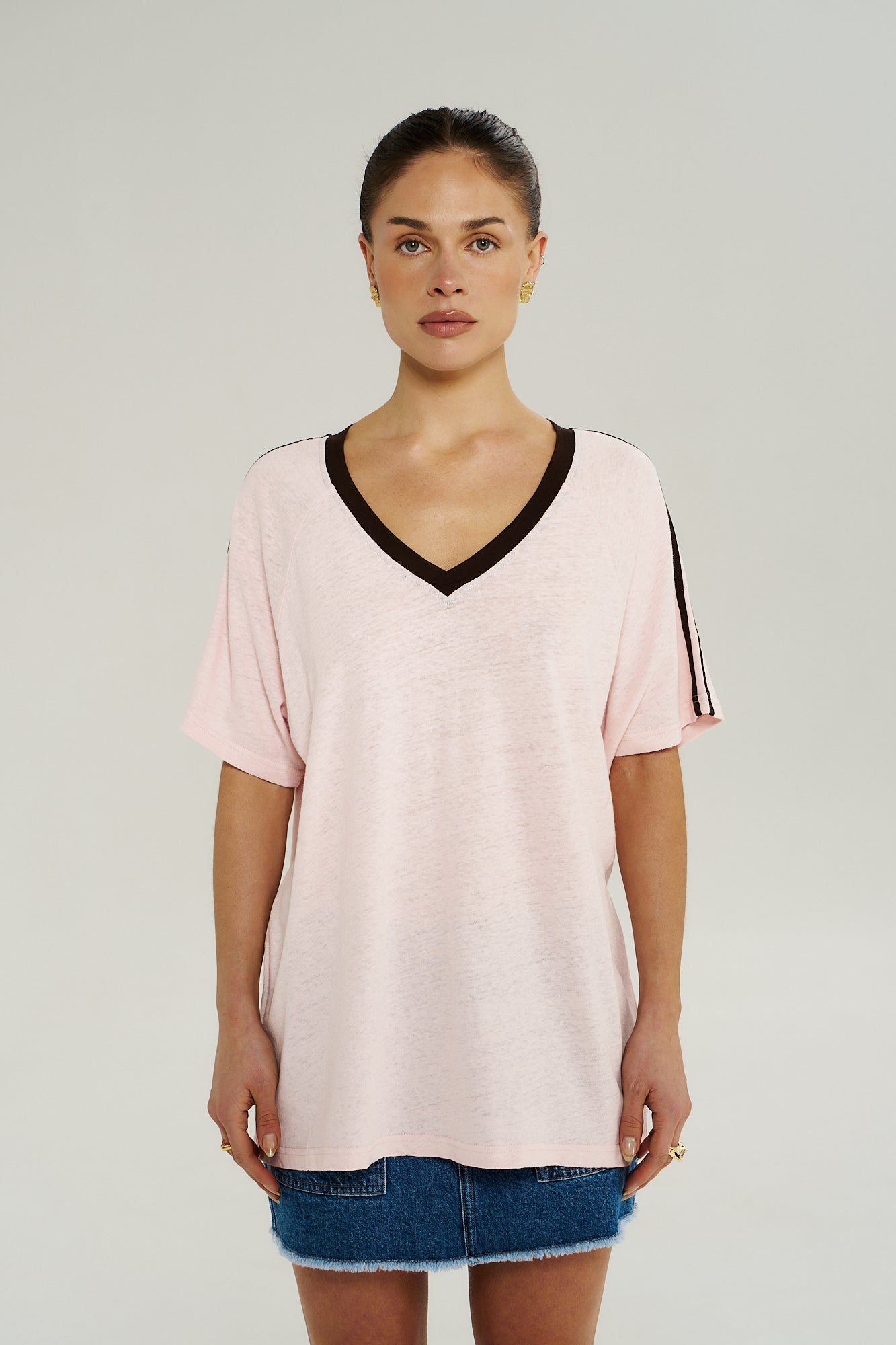V NECK JERSEY TEE - DUSTY ROSE