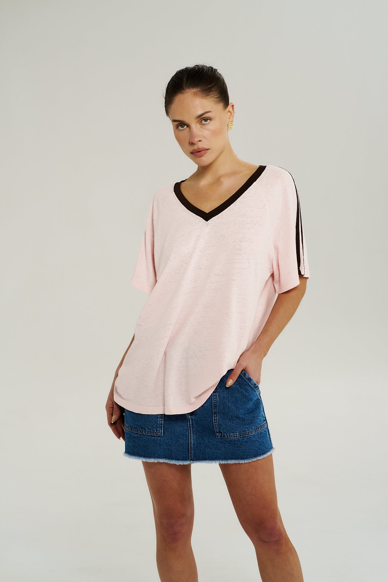 V NECK JERSEY TEE - DUSTY ROSE