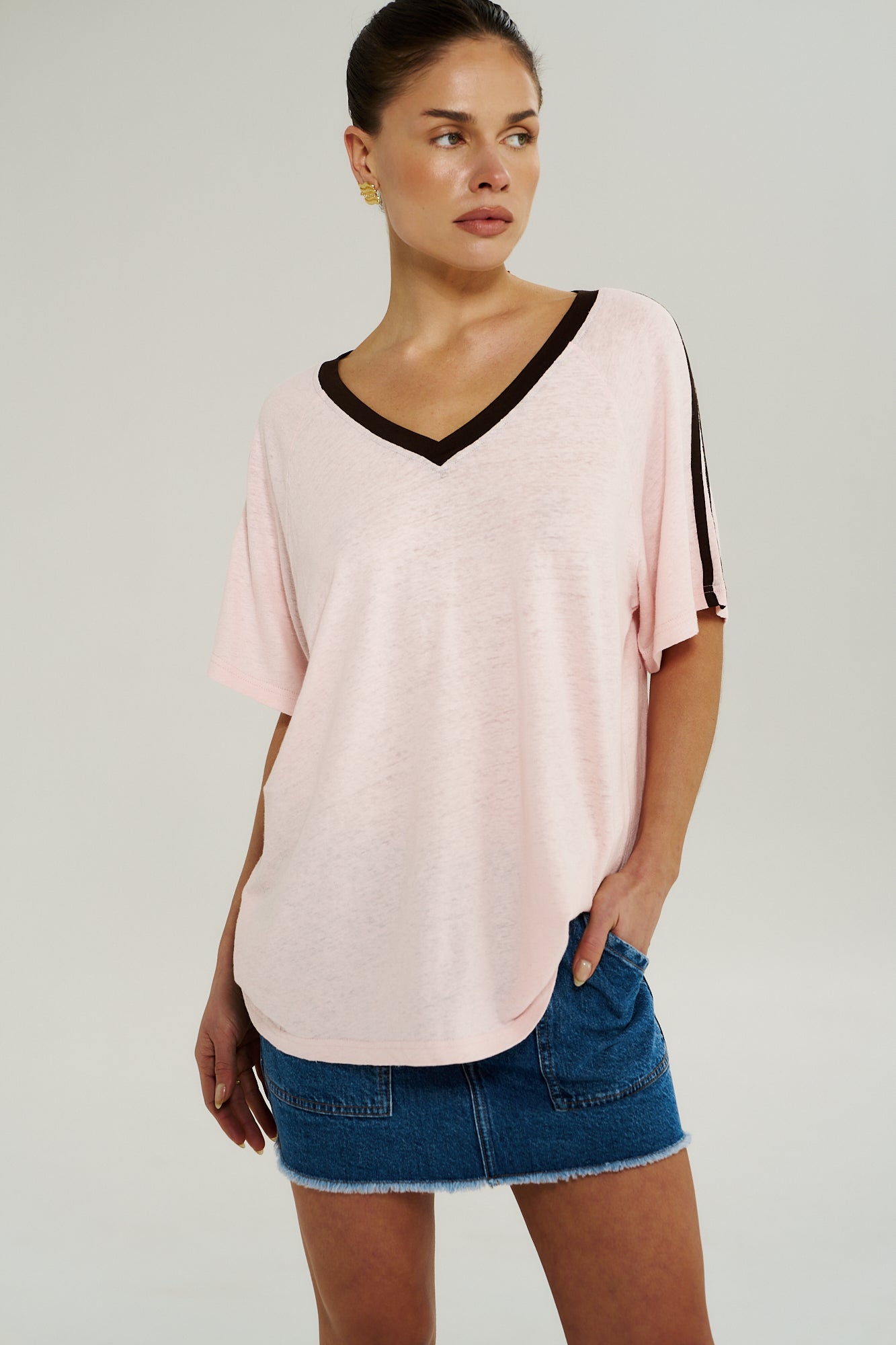 V NECK JERSEY TEE - DUSTY ROSE