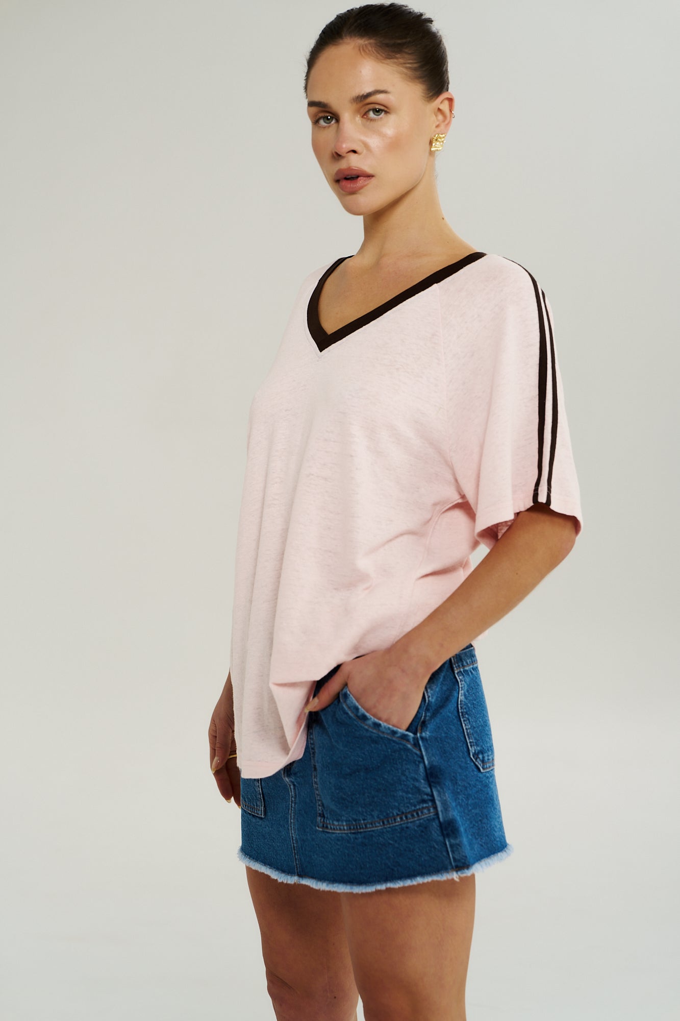 V NECK JERSEY TEE - DUSTY ROSE