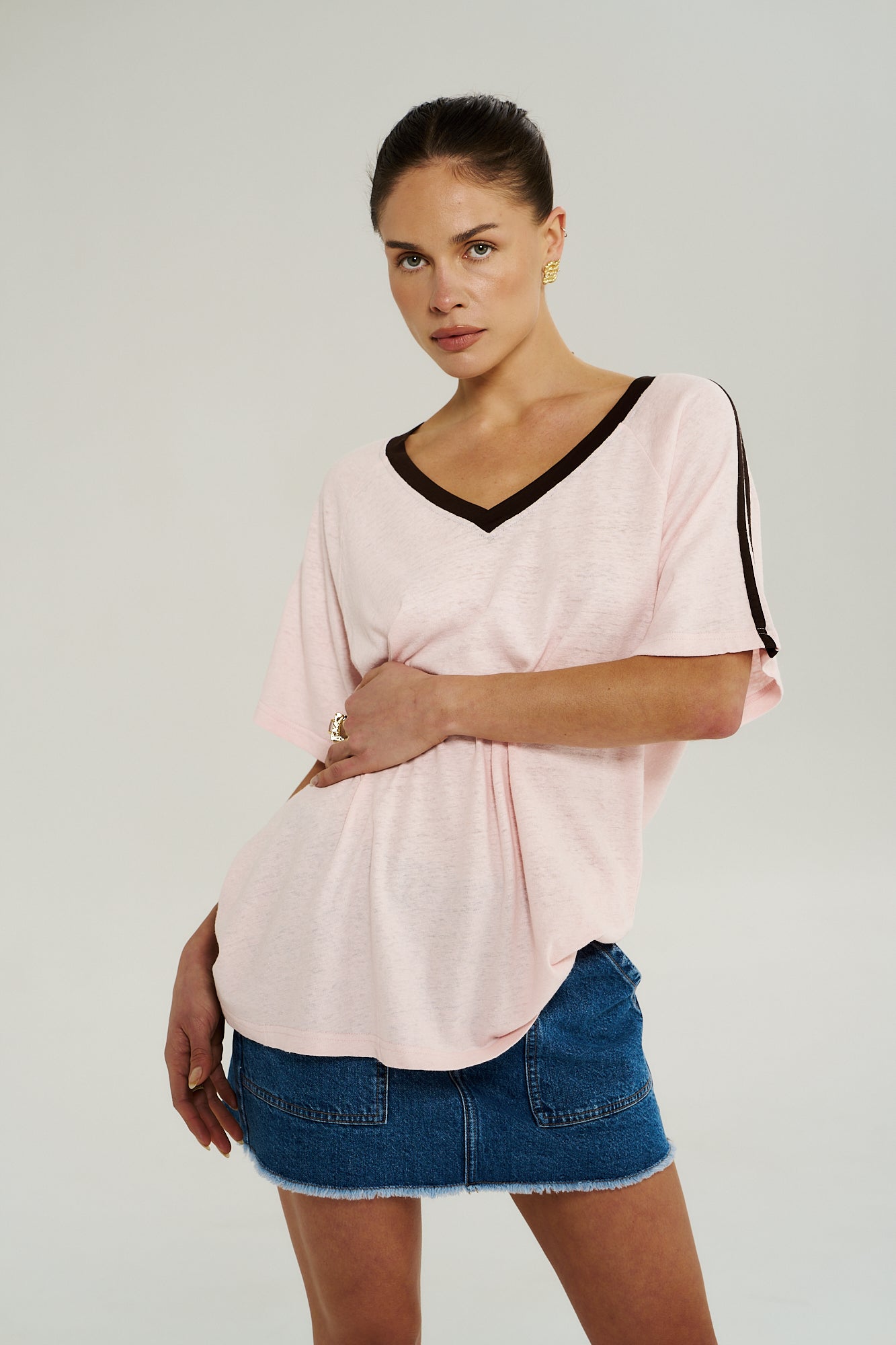 V NECK JERSEY TEE - DUSTY ROSE