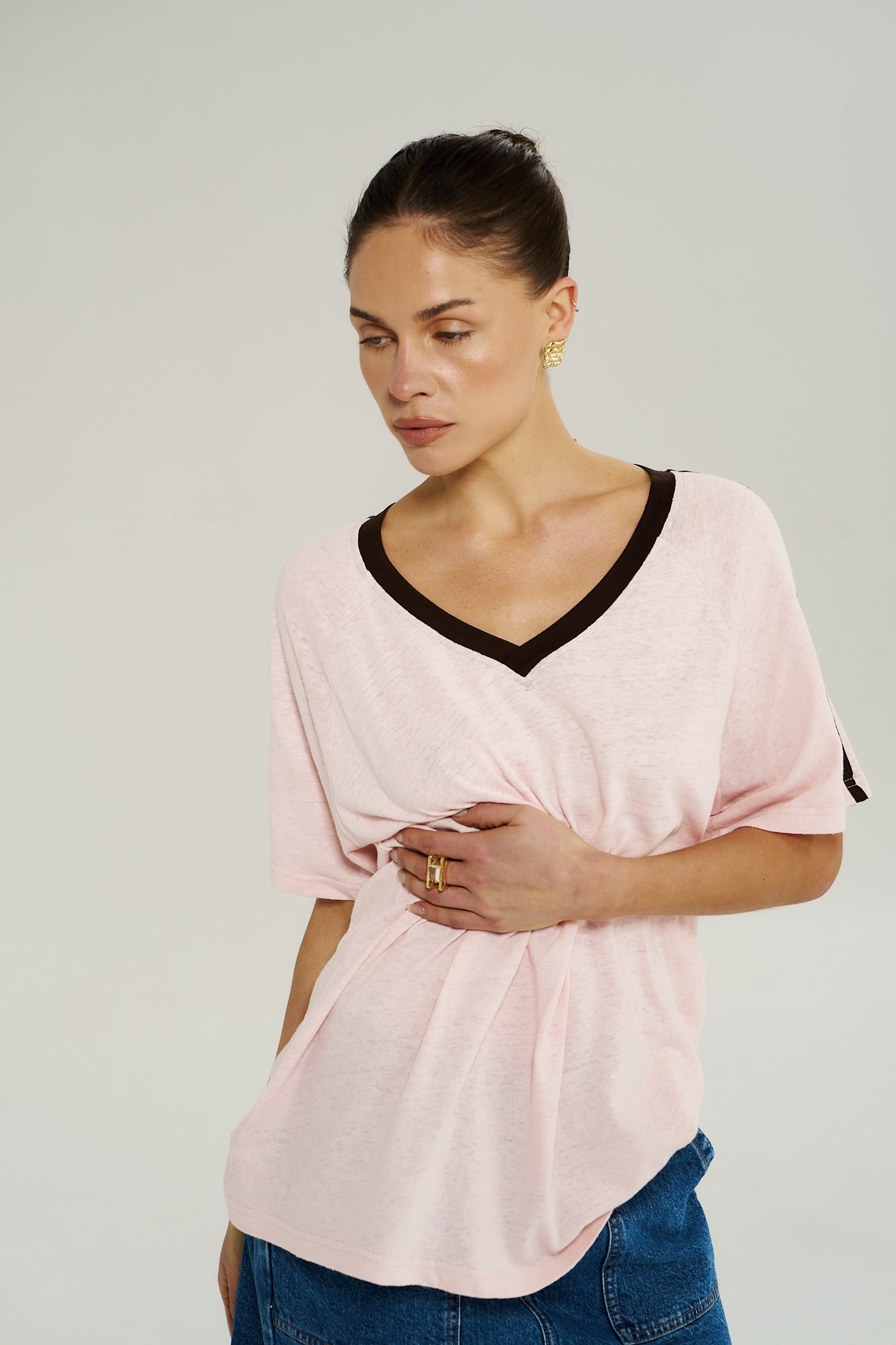 V NECK JERSEY TEE - DUSTY ROSE