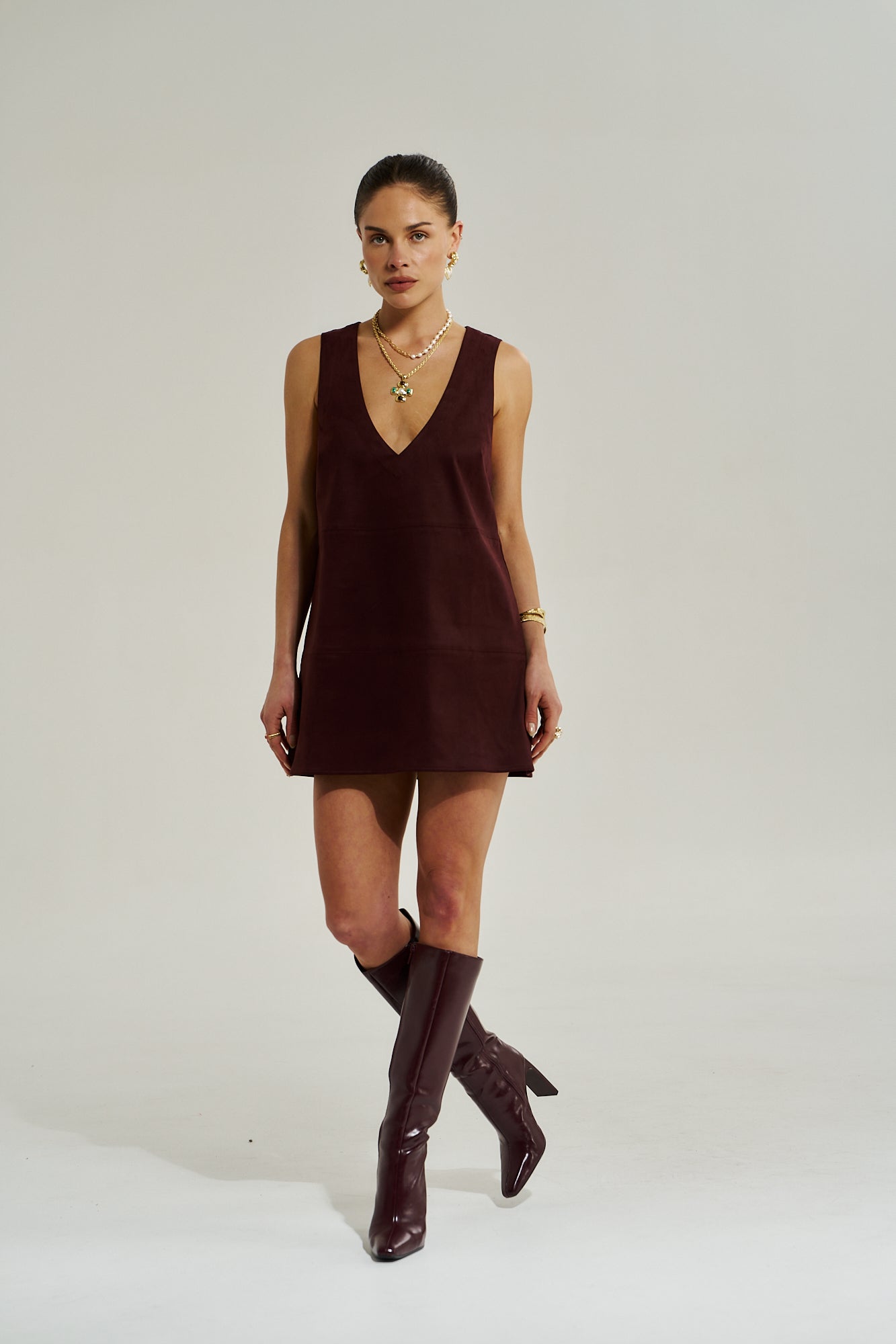 V NECK MINI DRESS - SYRAH