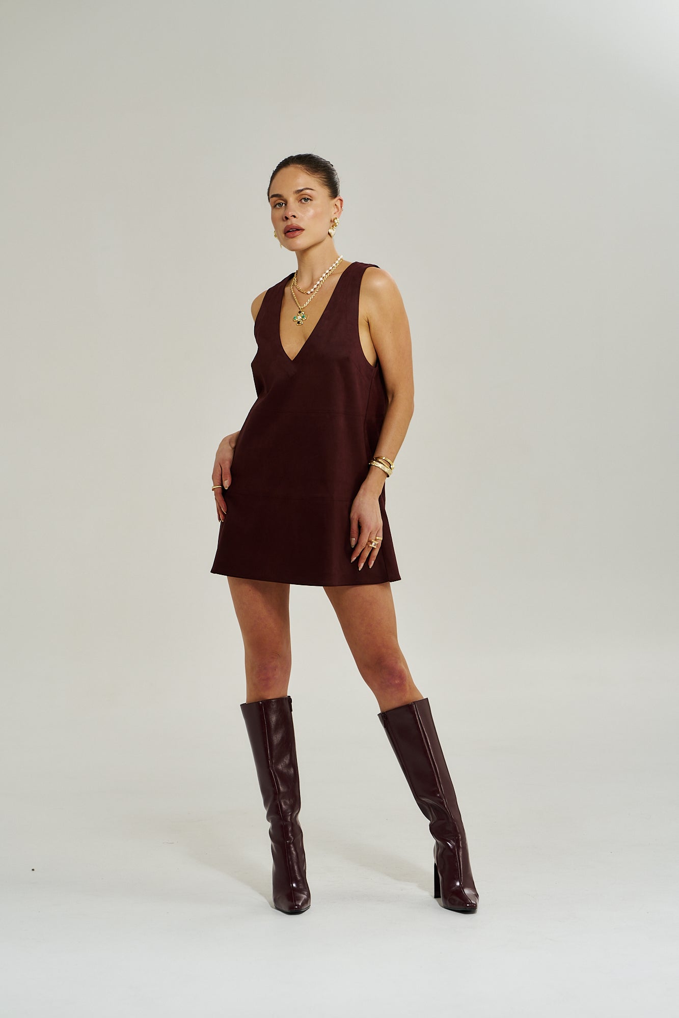 V NECK MINI DRESS - SYRAH