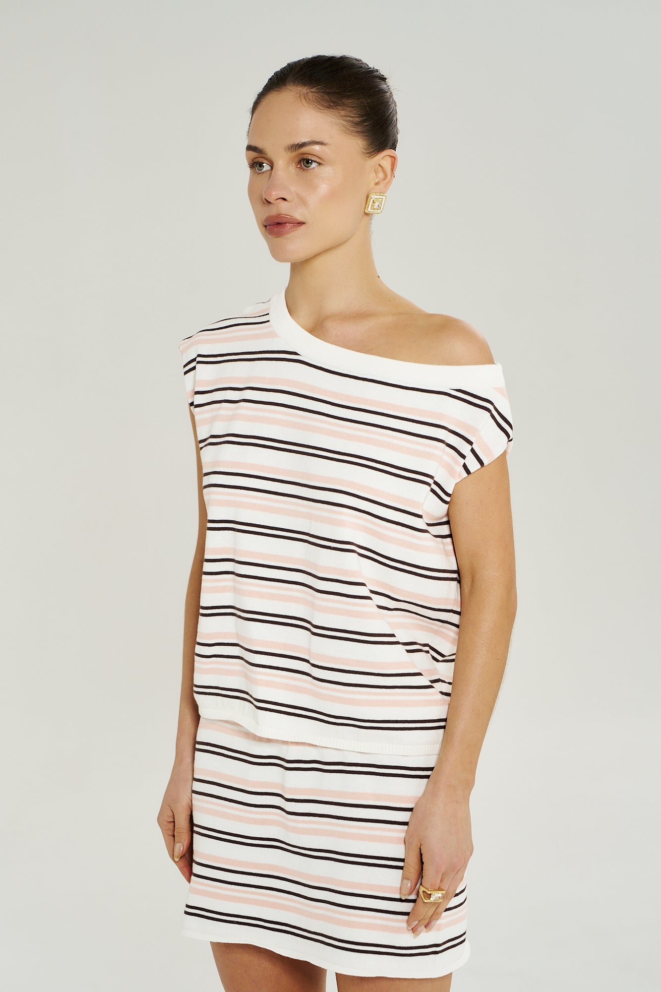 KNIT OFF SHOULDER TOP - DUSTY ROSE STRIPE