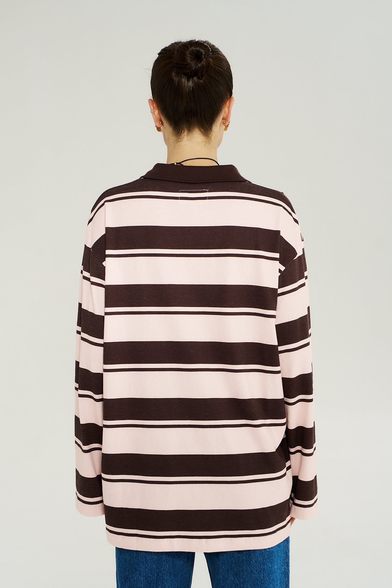 LS POLO TOP - CHOC ROSE STRIPE