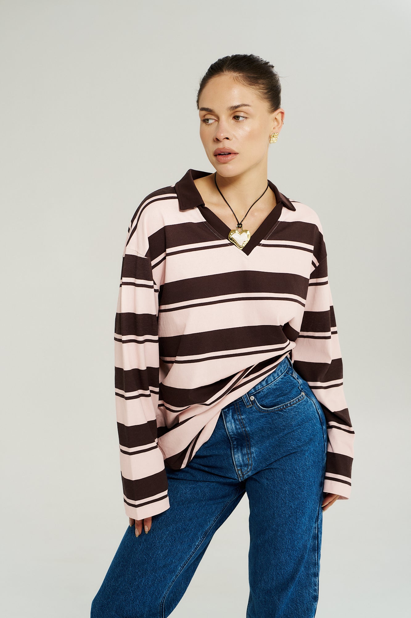 LS POLO TOP - CHOC ROSE STRIPE