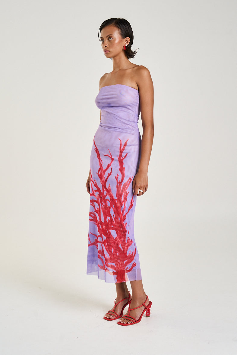 STRAPLESS MESH DRESS - CORAL