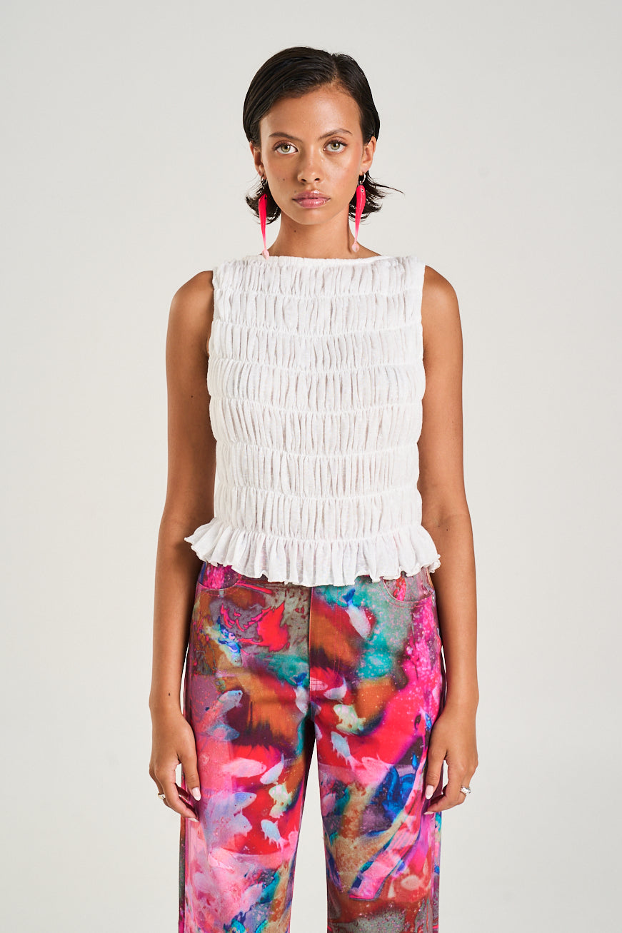 SHIRRED TANK - SHEER WHITE