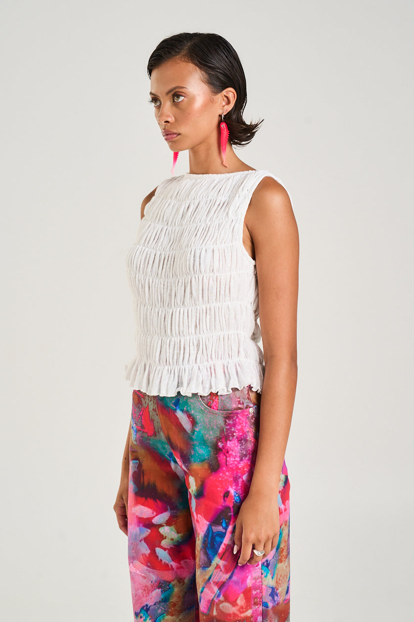 SHIRRED TANK - SHEER WHITE