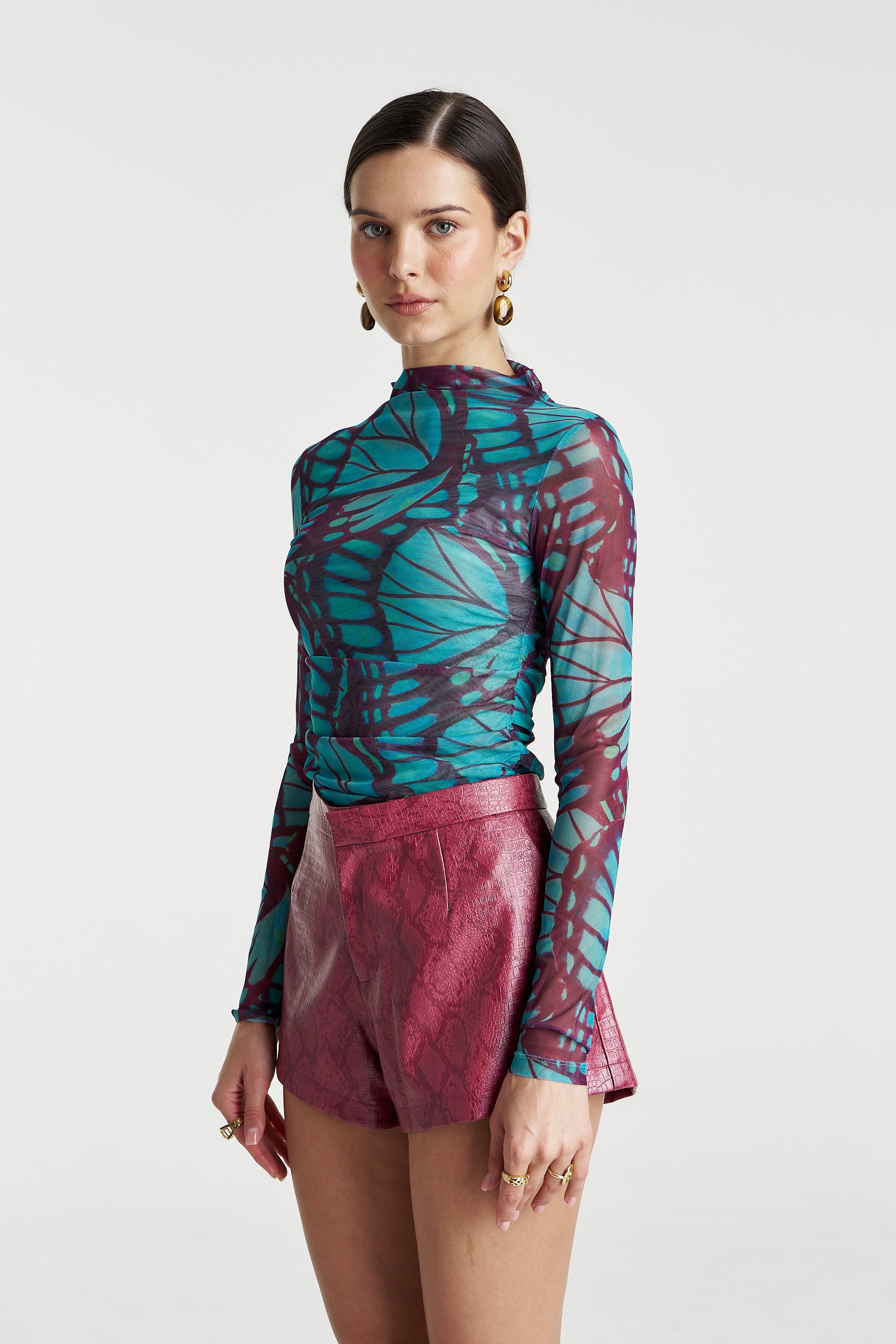 MESH LS ROUCHED SKIVVY - JADE BUTTERFLY