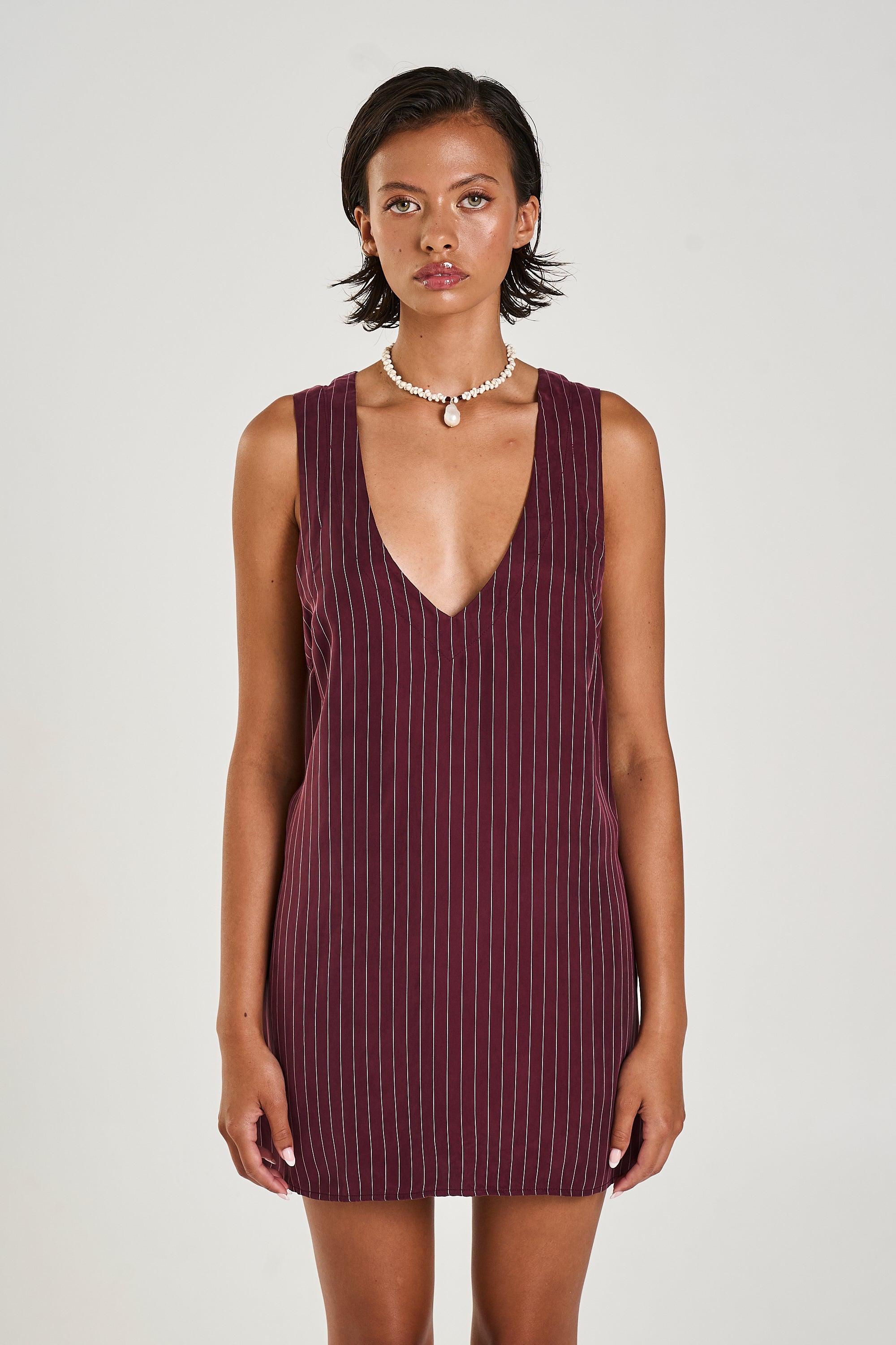 V-NECK SHIFT DRESS - KINA PINSTRIPE