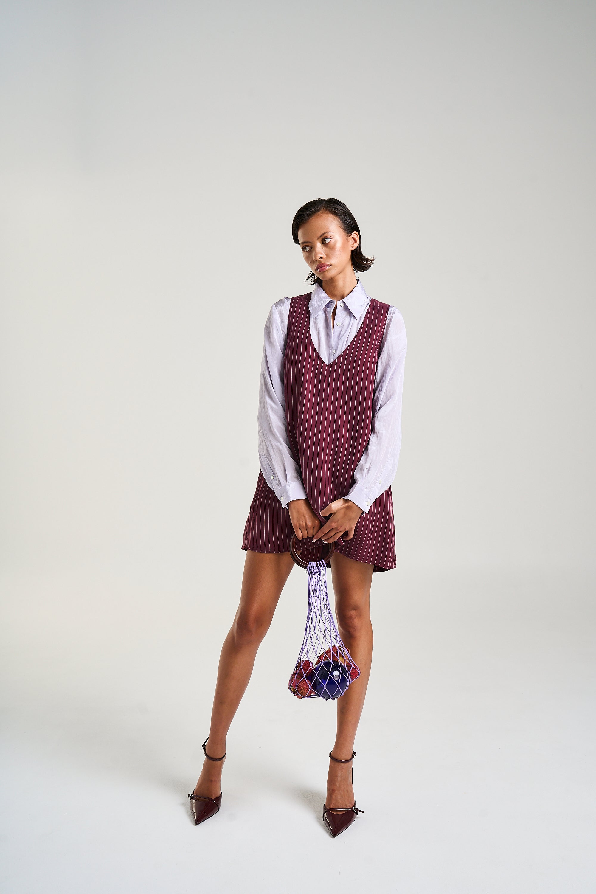 V-NECK SHIFT DRESS - KINA PINSTRIPE