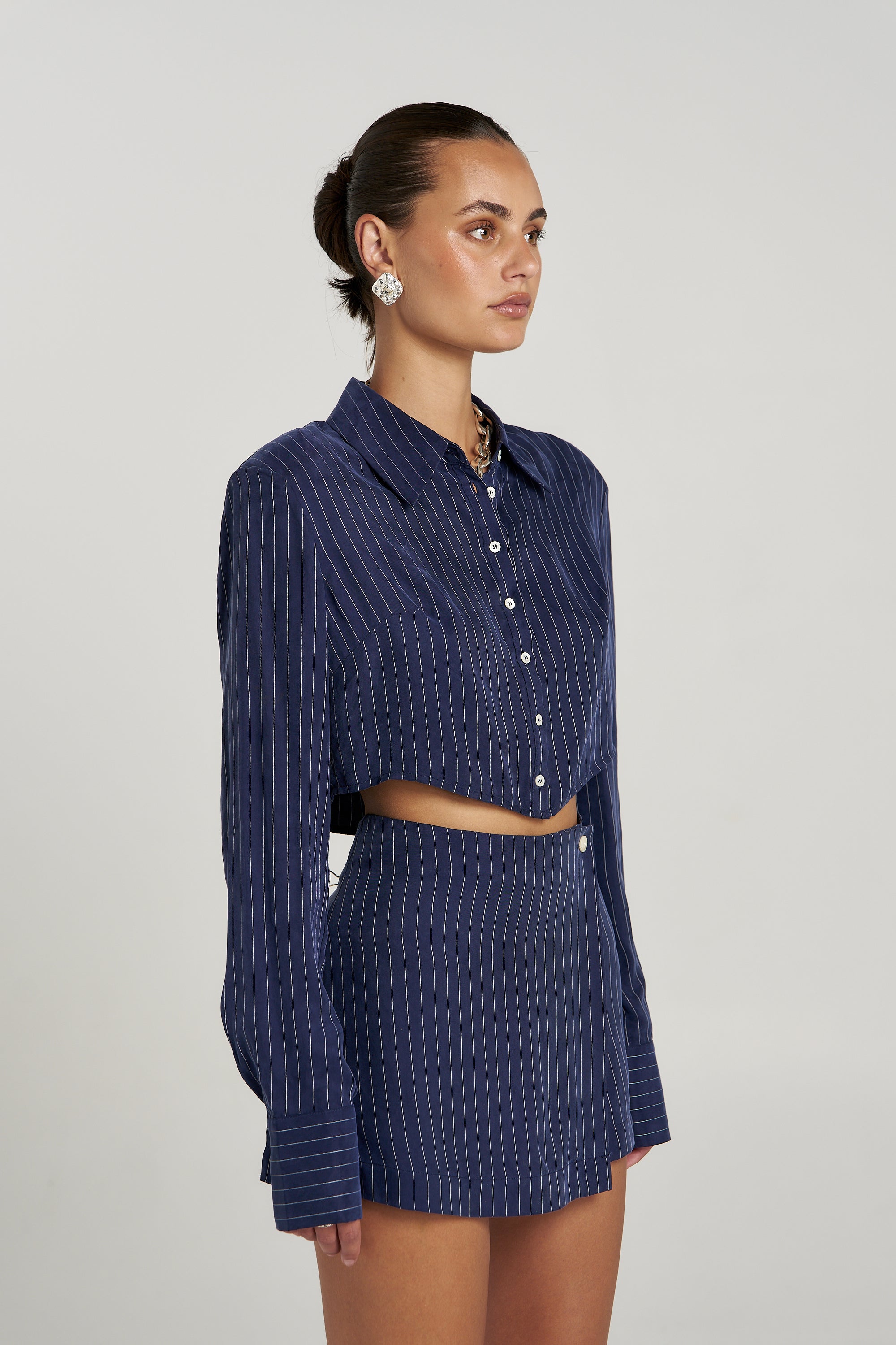 GIGI LS SHIRT - NAVY PINSTRIPE