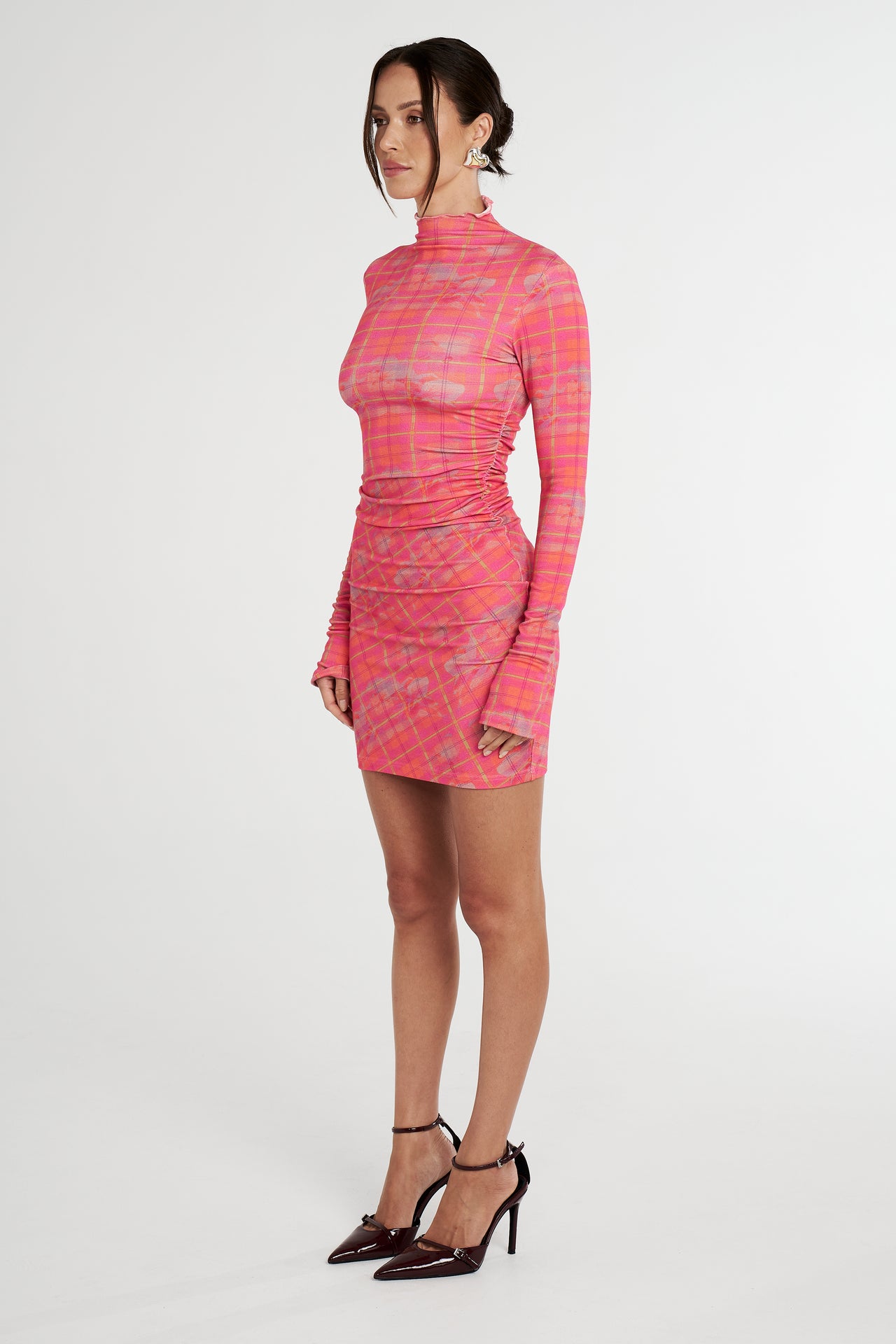 LS RUCHED DRESS - NEON PLAID