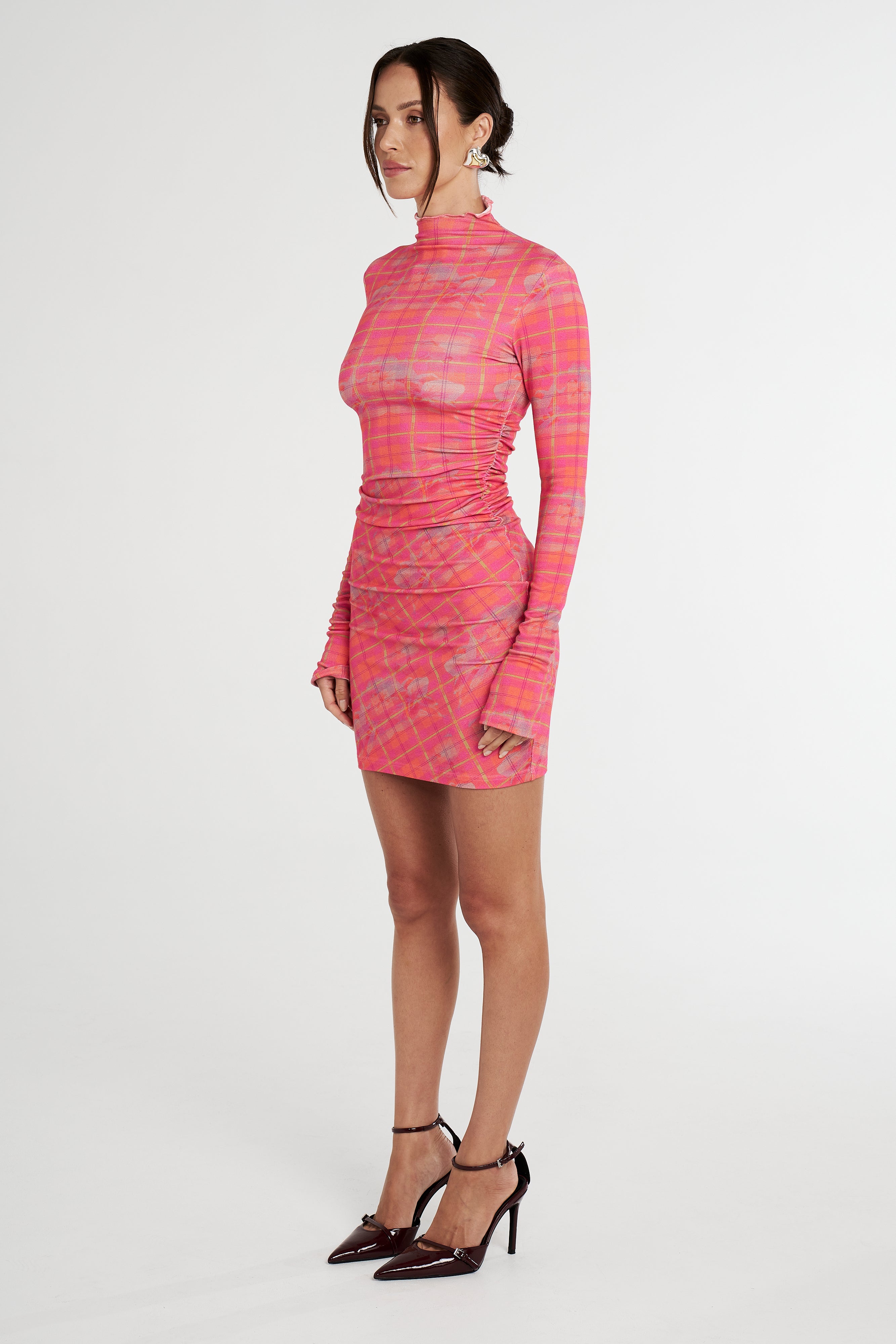 LS RUCHED DRESS - NEON PLAID