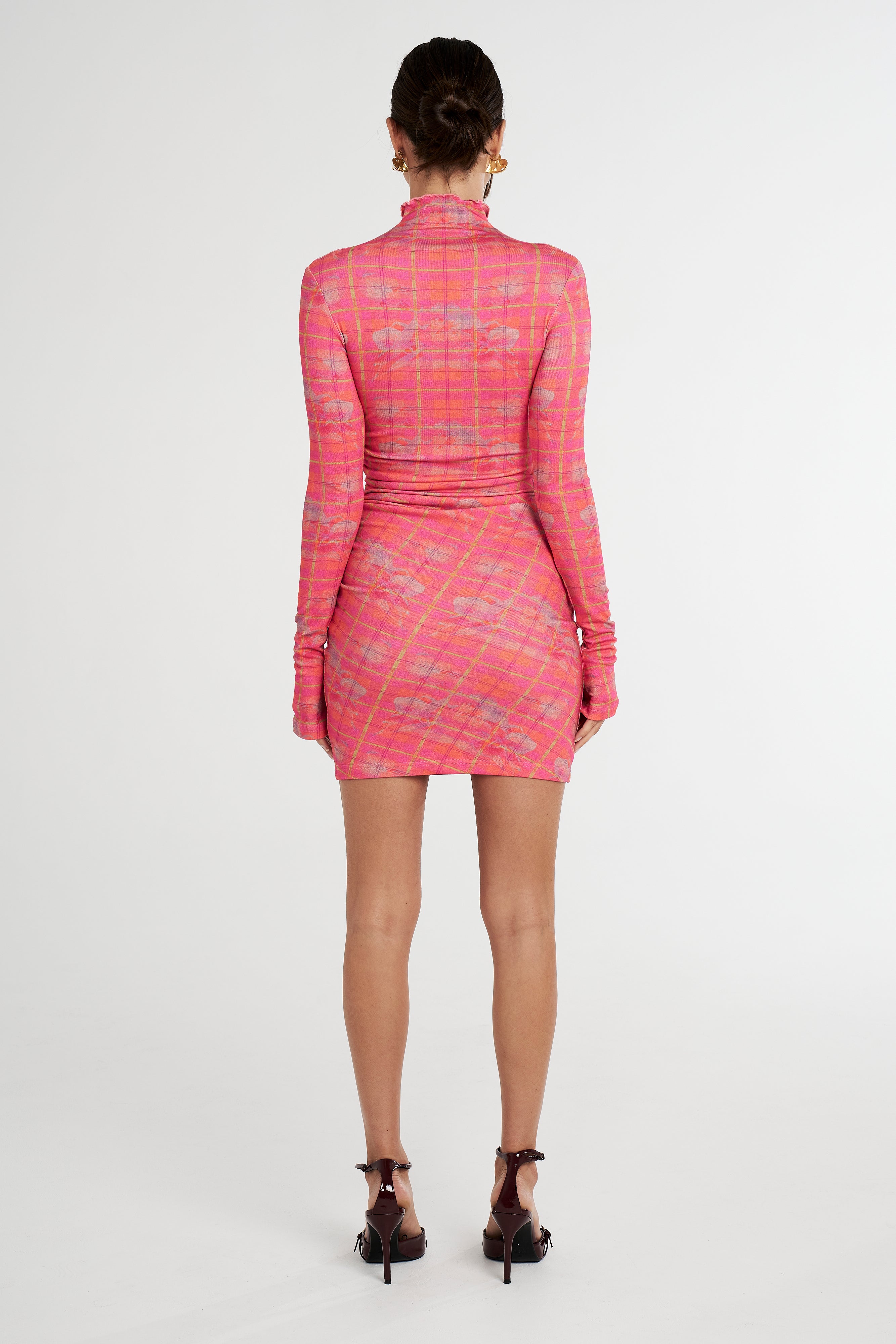 LS RUCHED DRESS - NEON PLAID