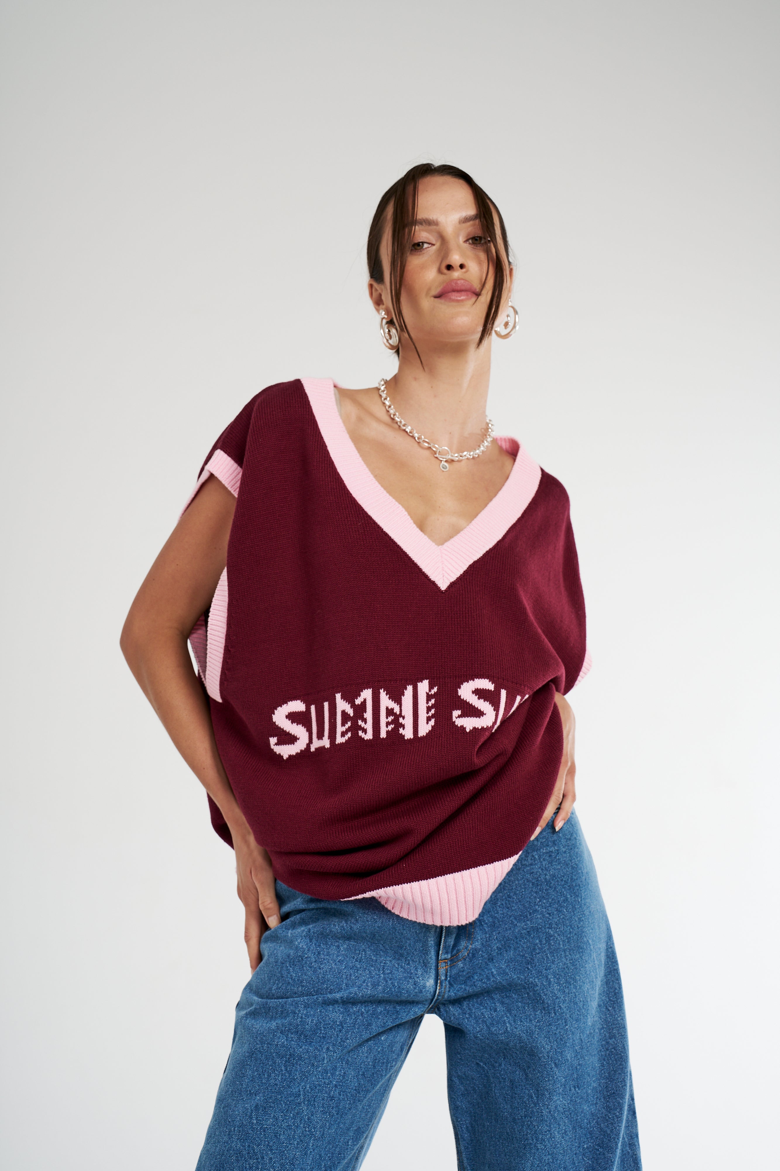 OS KNIT VEST - PLUM