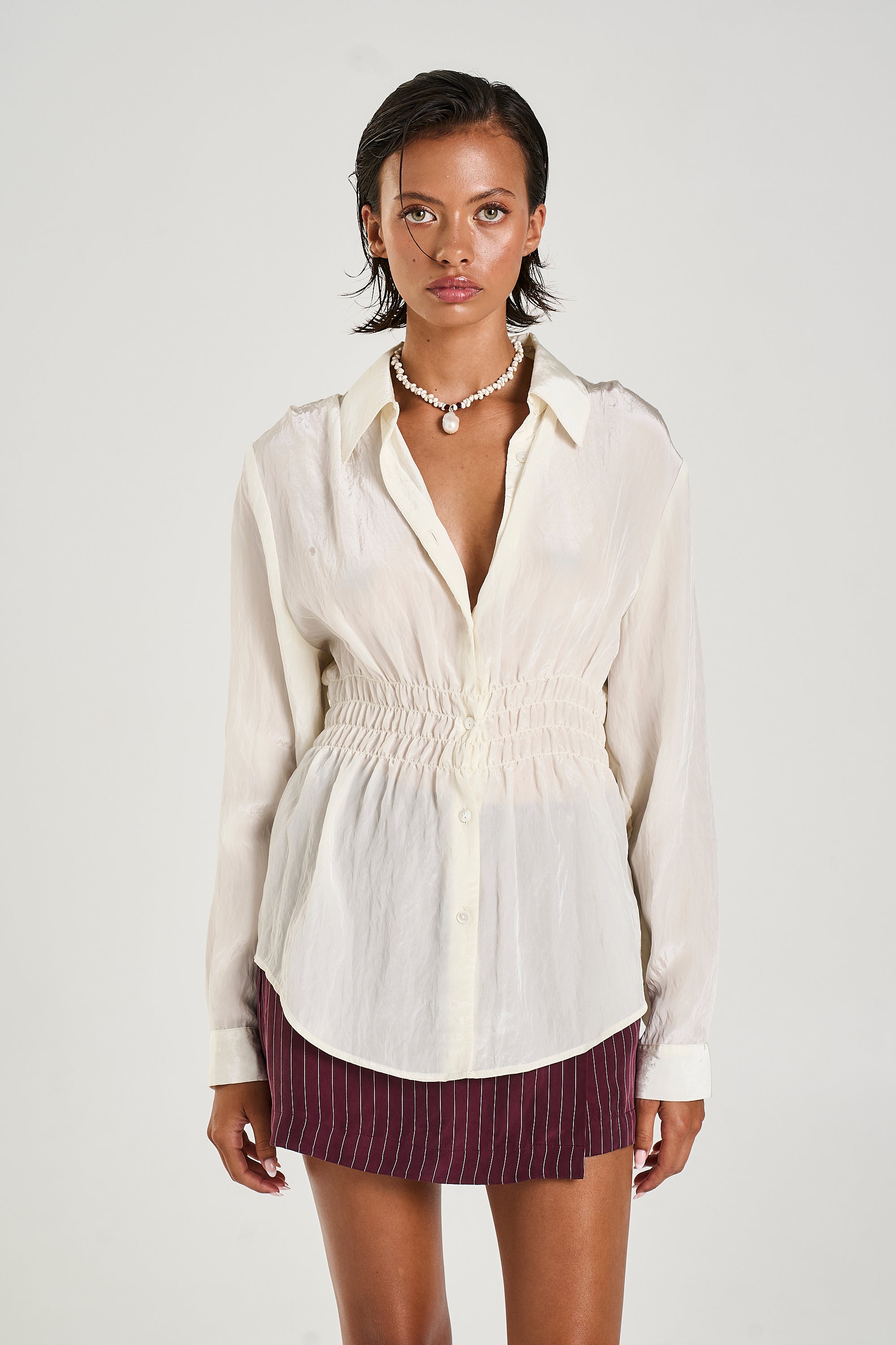 SHIRRED LS SHIRT - SAND