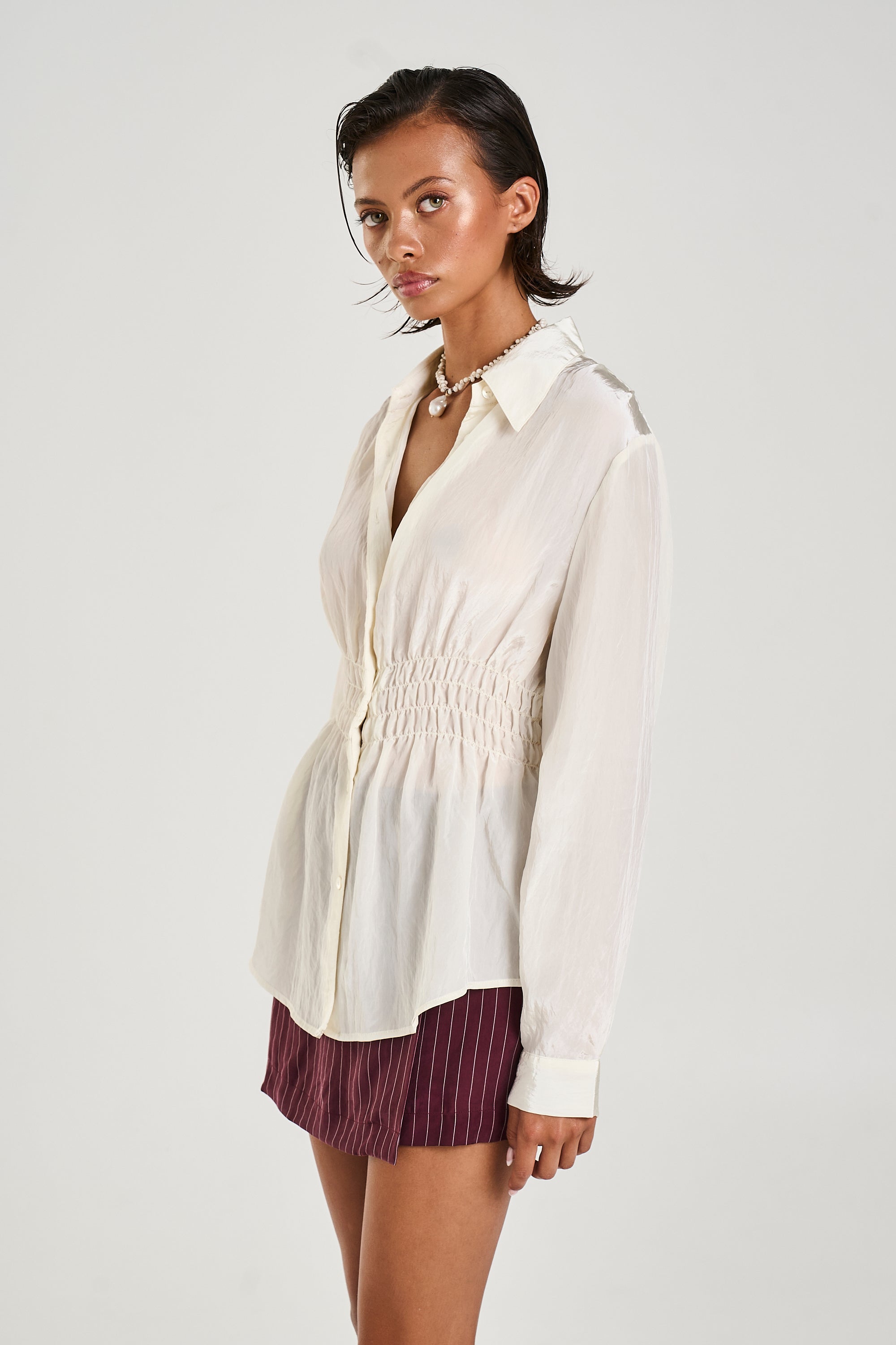 SHIRRED LS SHIRT - SAND